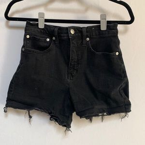 Madewell black high rise denim shorts with raw hem